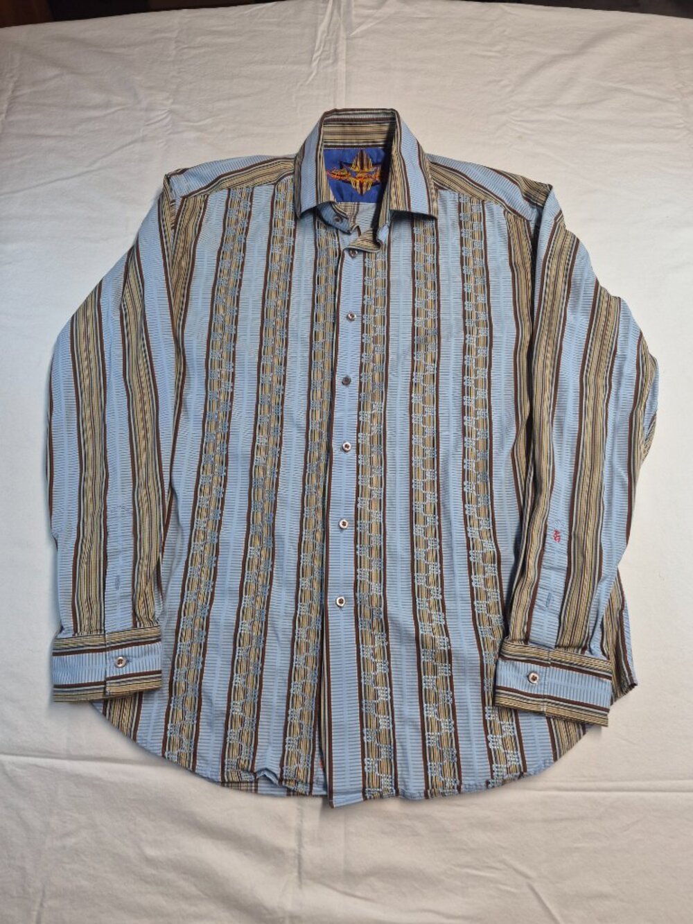 Robert Graham Mens L Blue Brown Striped Embroidered KWT Shirt MC24